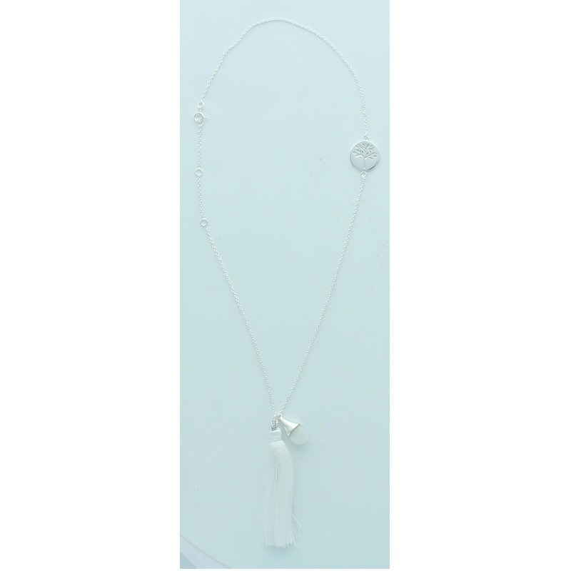 Collier Goutte Pierre de Lune Arbre de Vie et Pompon - Argent 925